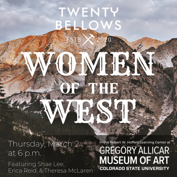 Women of the West graphic in white lettering against a photo background of the Rocky Mountains.