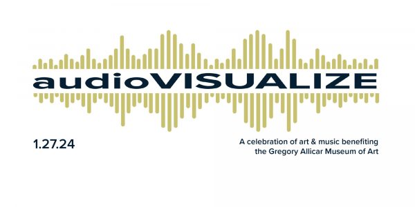audioVISUALIZE 2024 logo with vertical sound bars in gold. A celebration of art and music benefiting the Gregory Allicar Museum of Art.