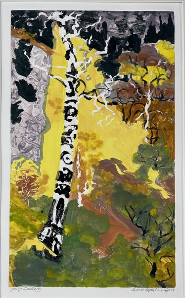 A monotype print of an aspen on a yellow, green, and brown background.