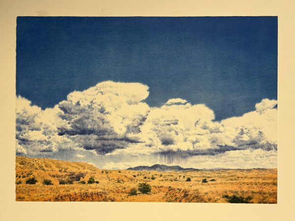 A color etching by Jerry R. West titled Invasion from Sheepherder Hill. An image of clouds with a desert horizon.