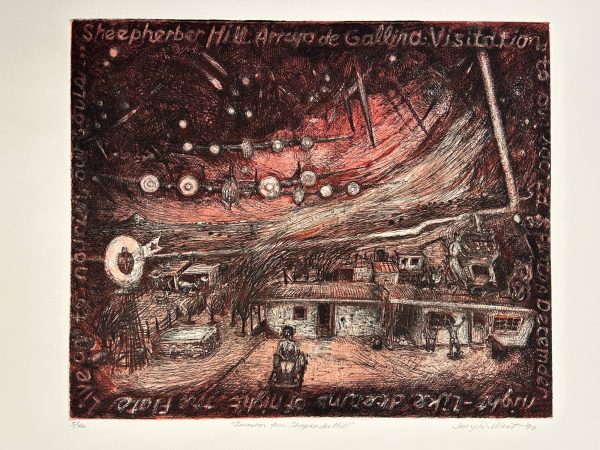 A color Lithograph on paper of an old west ranch.