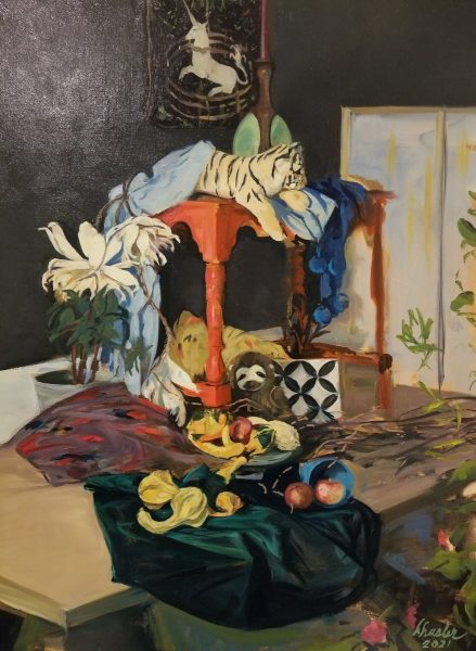 A whimsical and colorful still life by artist Haley Hasler