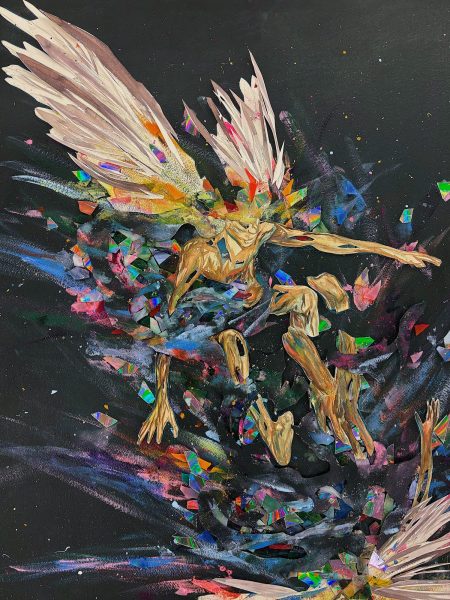 A colorful painted image of a dancer with wings and a black background.